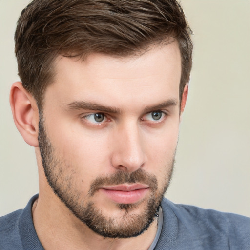 Neutral white young-adult male with short  brown hair and grey eyes