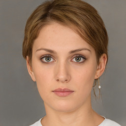 Neutral white young-adult female with short  brown hair and brown eyes