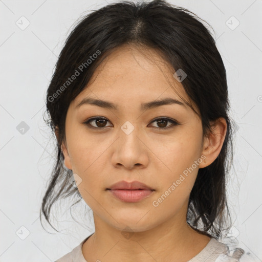 Neutral asian young-adult female with medium  brown hair and brown eyes