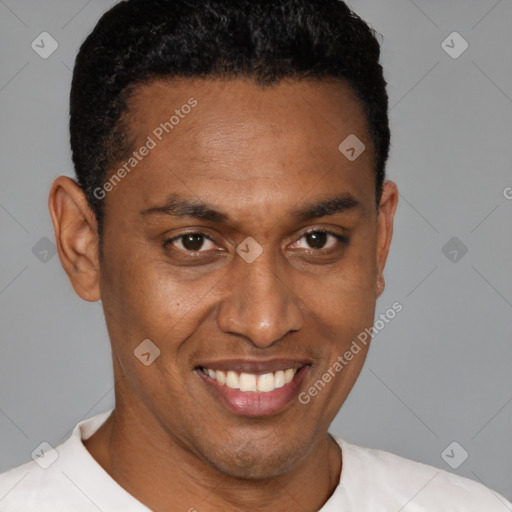 Joyful black young-adult male with short  brown hair and brown eyes