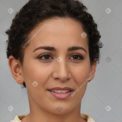 Joyful latino young-adult female with short  brown hair and brown eyes