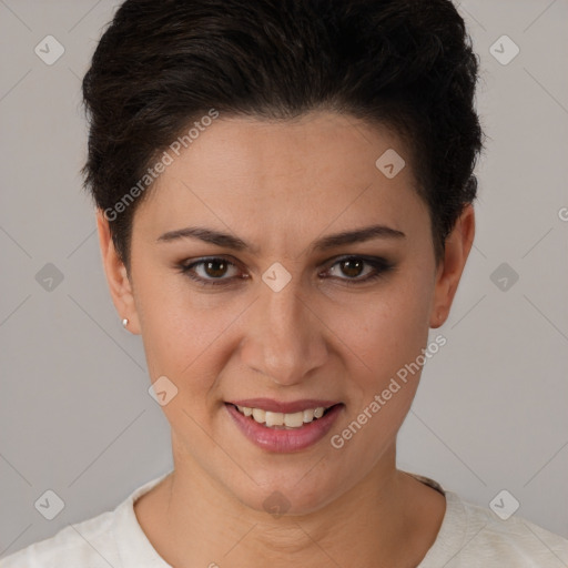 Joyful white young-adult female with short  brown hair and brown eyes