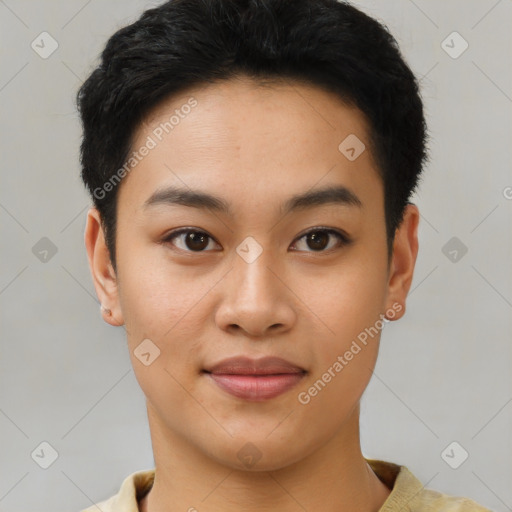 Joyful asian young-adult female with short  brown hair and brown eyes