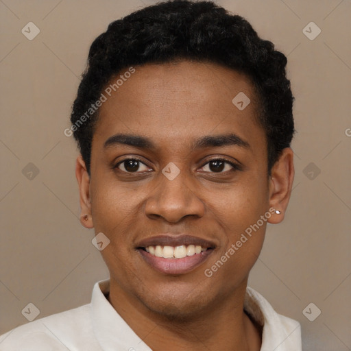 Joyful black young-adult male with short  black hair and brown eyes