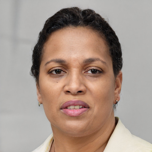 Joyful latino adult female with short  brown hair and brown eyes