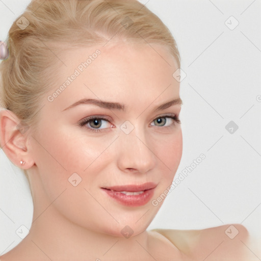 Joyful white young-adult female with medium  brown hair and blue eyes