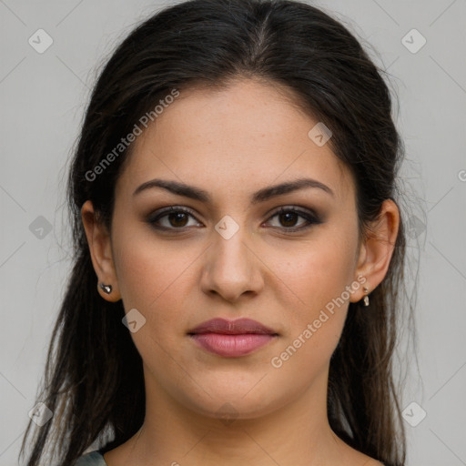 Joyful white young-adult female with long  brown hair and brown eyes