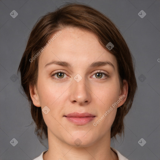 Joyful white young-adult female with medium  brown hair and green eyes