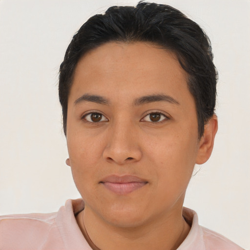 Neutral latino young-adult female with short  black hair and brown eyes