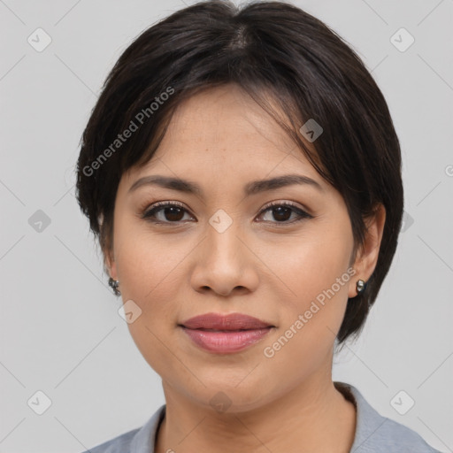 Joyful white young-adult female with medium  brown hair and brown eyes