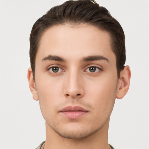 Neutral white young-adult male with short  brown hair and brown eyes