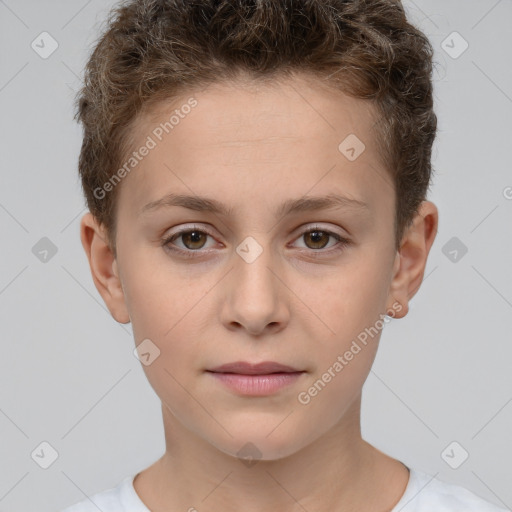 Neutral white young-adult female with short  brown hair and brown eyes