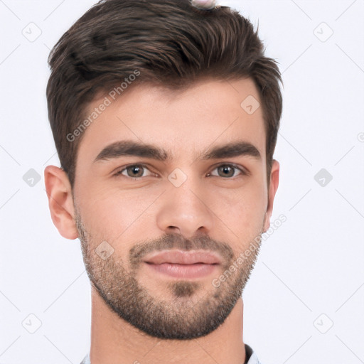 Neutral white young-adult male with short  brown hair and brown eyes