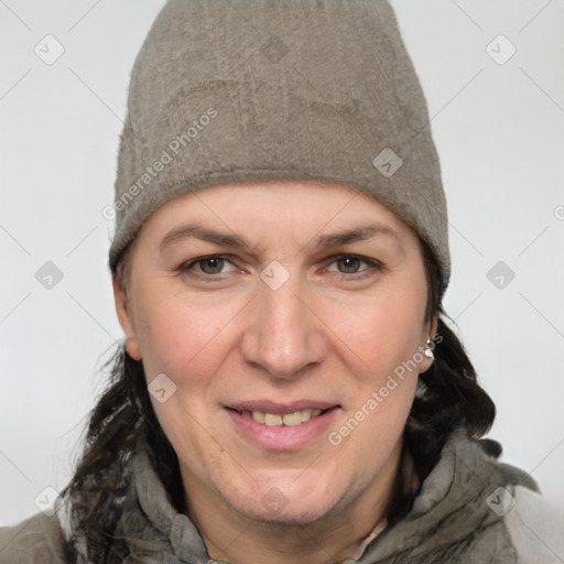 Joyful white adult female with short  brown hair and grey eyes