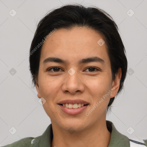 Joyful asian young-adult female with medium  brown hair and brown eyes