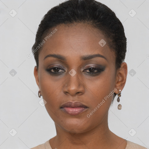 Neutral black young-adult female with short  brown hair and brown eyes