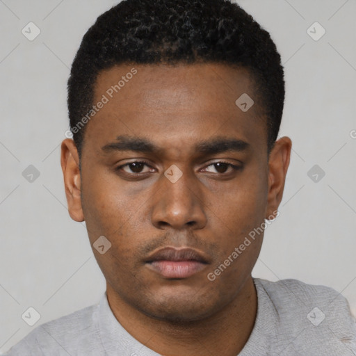 Neutral black young-adult male with short  black hair and brown eyes