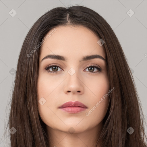 Neutral white young-adult female with long  brown hair and brown eyes