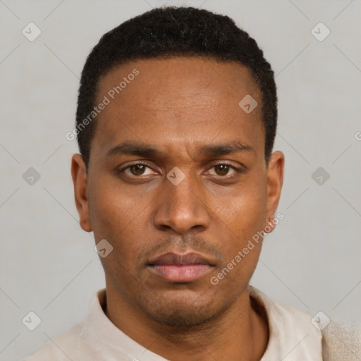 Neutral latino young-adult male with short  black hair and brown eyes
