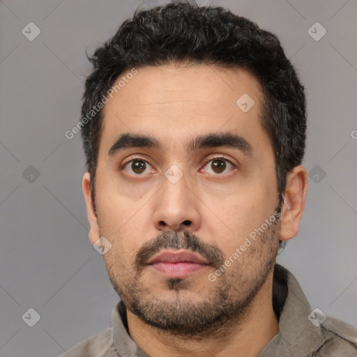 Neutral white young-adult male with short  black hair and brown eyes