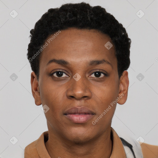 Neutral black young-adult female with short  black hair and brown eyes