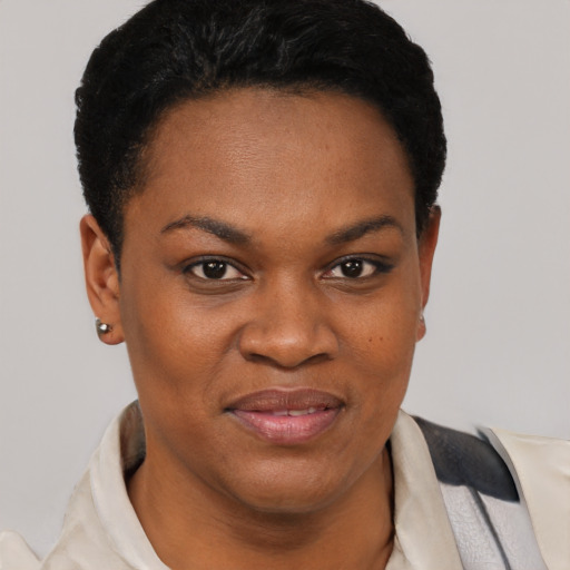 Joyful black young-adult female with short  black hair and brown eyes