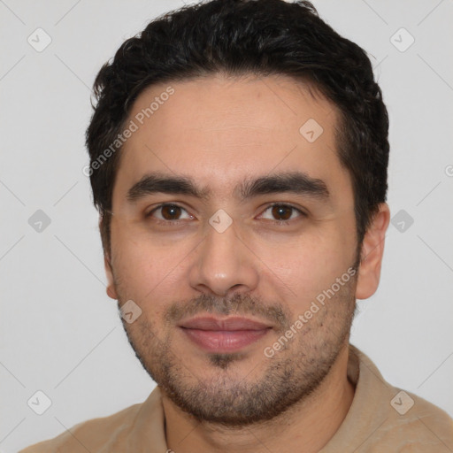 Joyful white young-adult male with short  black hair and brown eyes