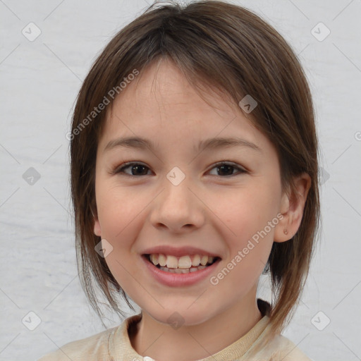 Joyful white child female with medium  brown hair and brown eyes