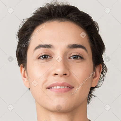 Joyful white young-adult female with short  brown hair and brown eyes