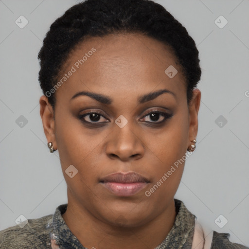 Neutral black young-adult female with short  black hair and brown eyes