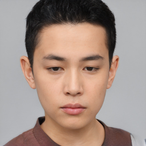 Neutral asian young-adult male with short  black hair and brown eyes