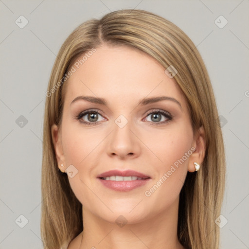 Joyful white young-adult female with long  brown hair and grey eyes