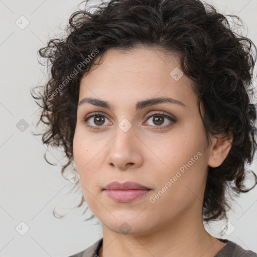 Neutral white young-adult female with medium  brown hair and brown eyes