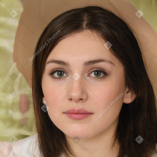 Neutral white young-adult female with medium  brown hair and brown eyes