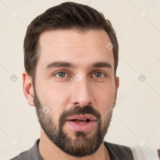 Neutral white young-adult male with short  brown hair and brown eyes