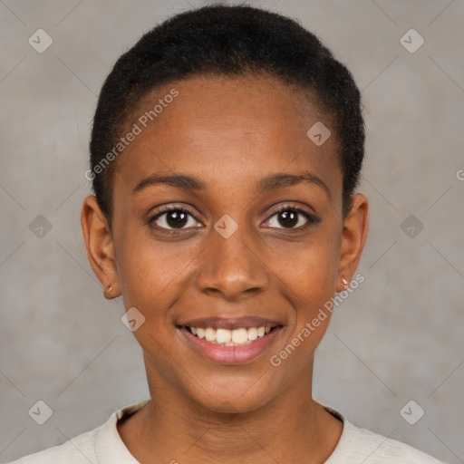 Joyful black young-adult female with short  brown hair and brown eyes