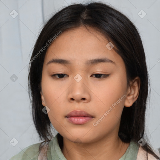 Neutral asian young-adult female with medium  brown hair and brown eyes