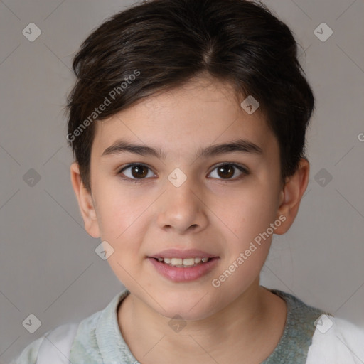 Joyful white child female with short  brown hair and brown eyes