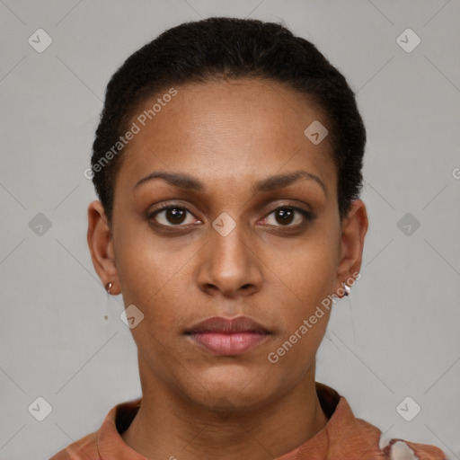 Neutral black young-adult female with short  brown hair and brown eyes