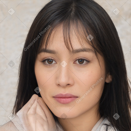 Neutral white young-adult female with medium  brown hair and brown eyes