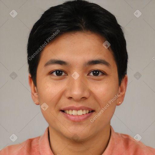 Joyful asian young-adult female with short  brown hair and brown eyes