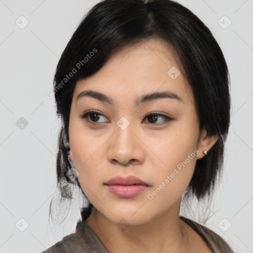 Neutral asian young-adult female with medium  black hair and brown eyes