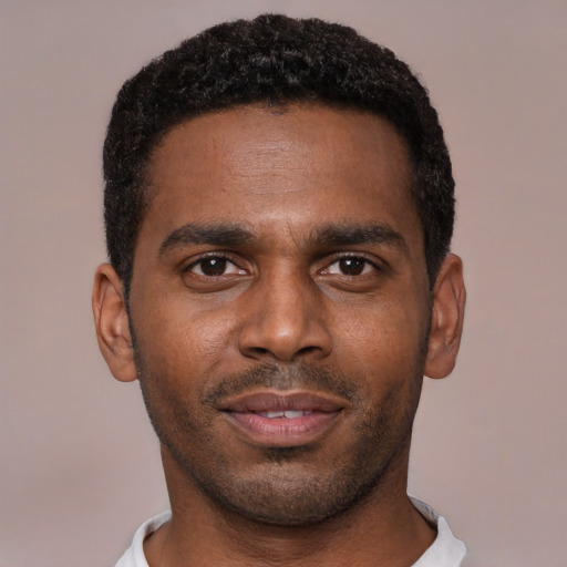 Neutral black young-adult male with short  black hair and brown eyes