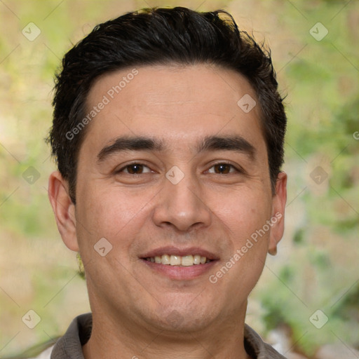 Joyful white adult male with short  brown hair and brown eyes