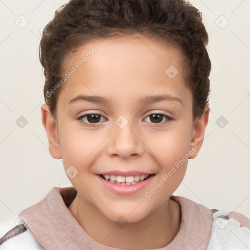 Joyful white child female with short  brown hair and brown eyes