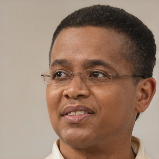 Joyful black adult male with short  brown hair and brown eyes