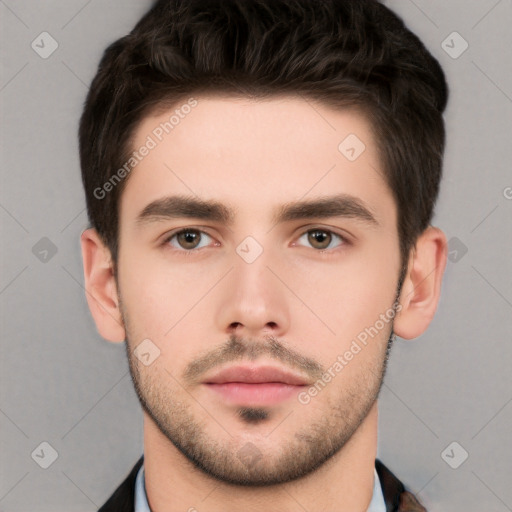 Neutral white young-adult male with short  brown hair and brown eyes