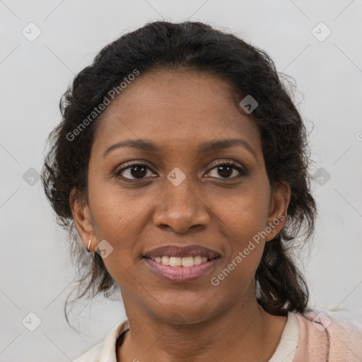 Joyful black young-adult female with medium  brown hair and brown eyes