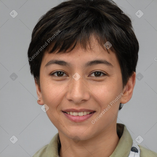 Joyful asian young-adult female with short  brown hair and brown eyes