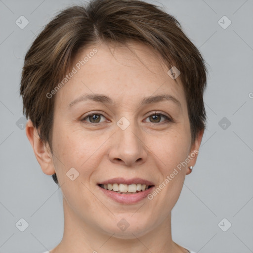 Joyful white young-adult female with short  brown hair and brown eyes